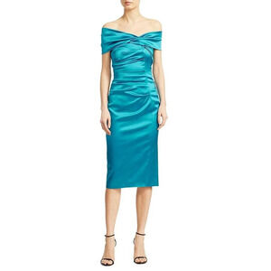 Talbot Runhof Ruched Satin Cocktail Dress Danube Size 6 NWT